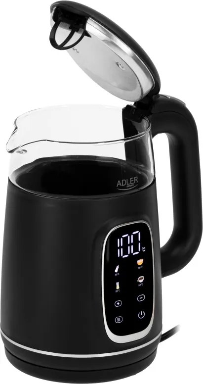 Cana electrica Adler AD 1305 BS, 1850/2200 W, 1,7 L, Control tactil, Afisaj LCD color, 5 setari de temperatura 40-100°C, Filtru anticalcar, Negru/Gri