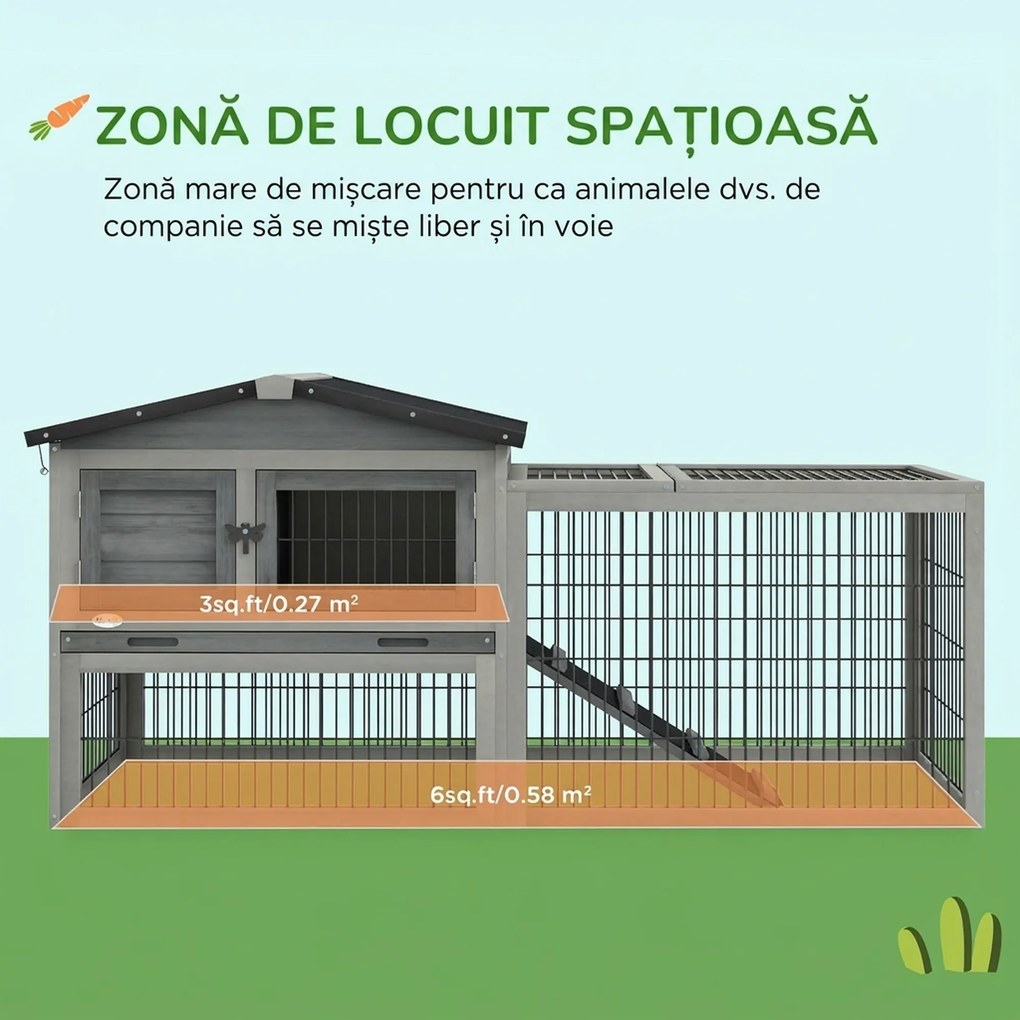 PawHut Cuib Exterior din Lemn de Brad cu Rampă, Acoperiș Rabatabil Impermeabil, Sertar Detașabil, Cuib pentru Iepuri, Animale Mici, Gri Deschis | Aosom Romania
