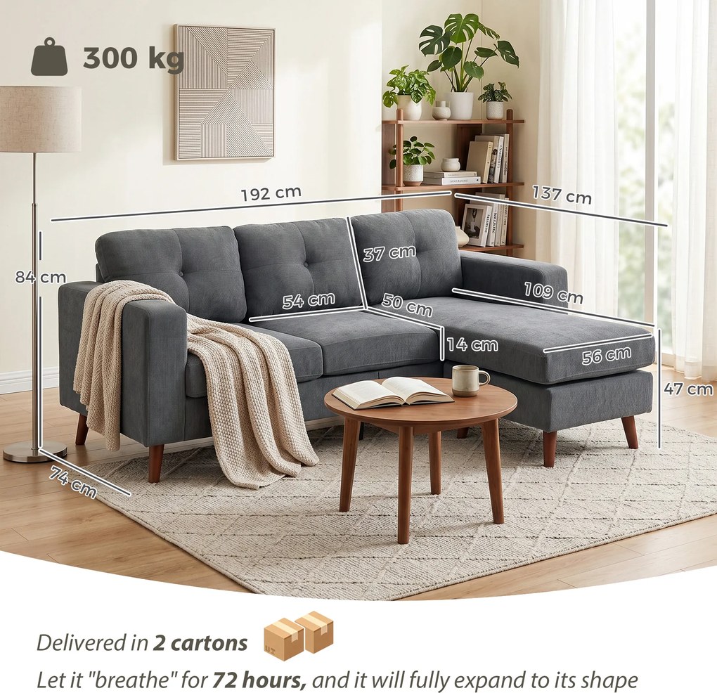 HOMCOM Colțar 192 cm în formă de L Canapea 3 locuri cu șezlong reversibil, aspect corduroy, pentru spații mici, Gri închis | Aosom Romania