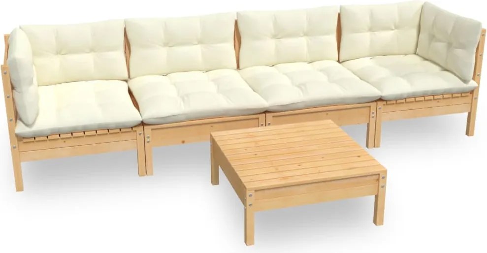 vidaXL Set mobilier grădină cu perne crem, 5 piese, lemn masiv pin
