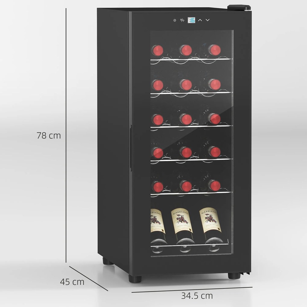 HOMCOM Frigider pentru Vinuri, Frigider de Vin cu Control al Temperaturii, Ecran Tactil Digital și Lumină LED, 18 Sticle, 34.5x45x78 cm, Negru