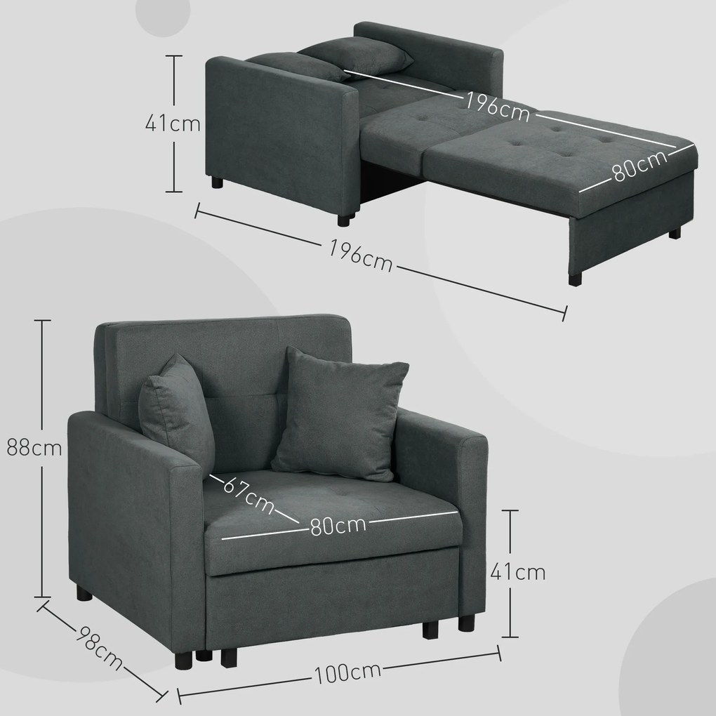 HOMCOM Fotoliu Tip Pat de O Persoană cu 2 Perne și Spațiu de Depozitare, Gri | Aosom Romania