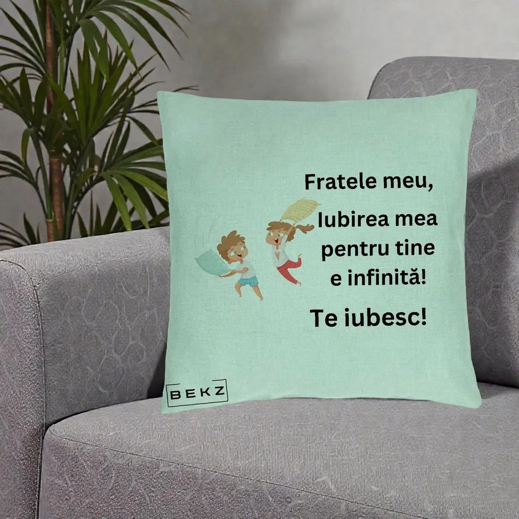 Cadou pentru Frate - Perna Personalizata Fratele Meu Te Iubesc Copii Batalie Perne, 40x40 cm, Verde Menta, Husa Detasabila, Perna Inclusa, BEKZ®