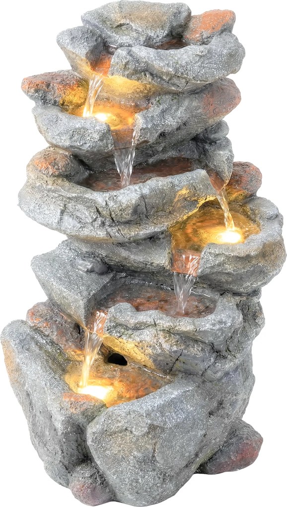 Outsunny Fântână de exterior cu design de rocă în 6 niveluri, cascadă de apă cu lumini LED, debit reglabil, gri | Aosom Romania