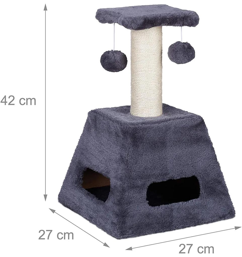Stalp de zgariat pentru pisici cu trunchi de sisal si jucarii Turn mic Gri 27 x 27 x 42 cm