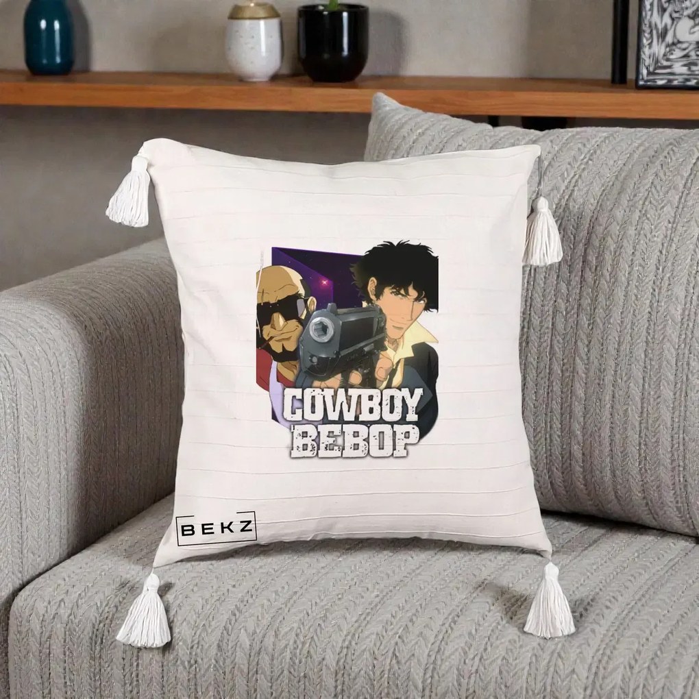 Perna Personalizata Cowboy Bebop Spike si Jet Poster, 40x40 cm, Bej cu Franjuri, Husa Detasabila, Perna Inclusa, BEKZ®