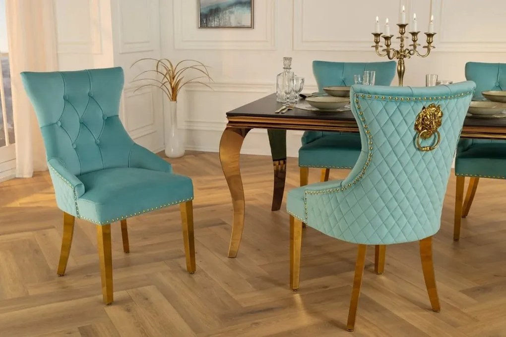 Set 2 scaune Stil Baroc, Catifea, Albastru Deschis, Metal, Auriu, Castle