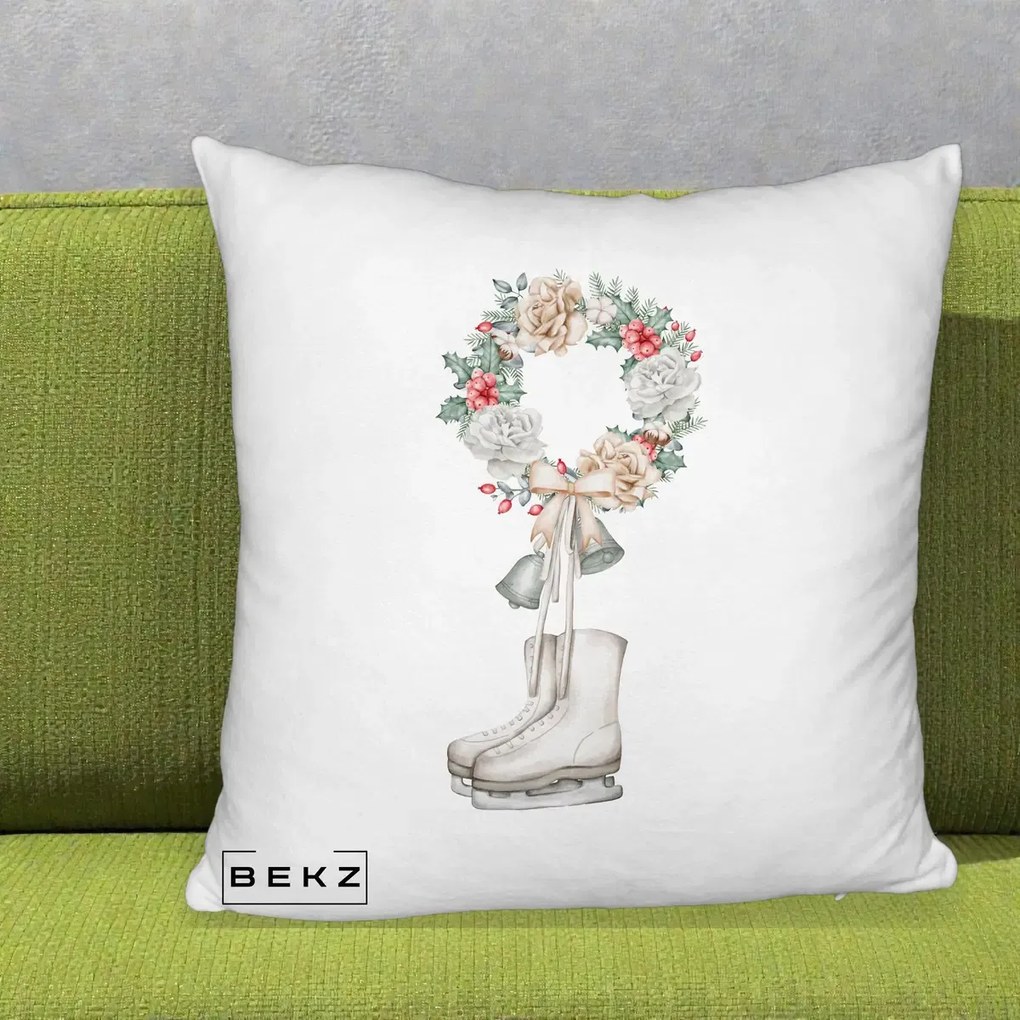 Perna Decorativa Patine cu Coroana Florala de Craciun, 40x40 cm, Alb Pufos, Husa Detasabila, Perna Inclusa, BEKZ®