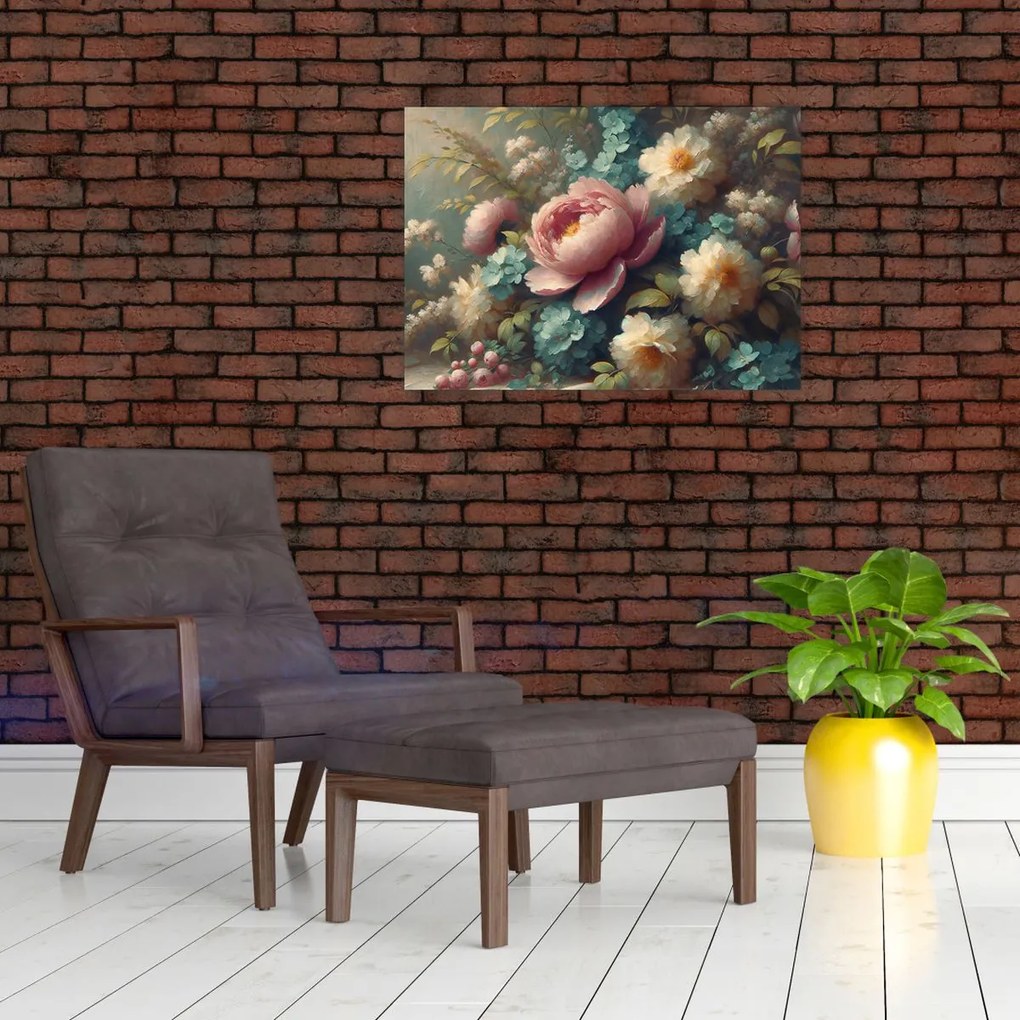 Tablou pe sticlă - Natură moartă cu flori - pictură (70x50 cm)