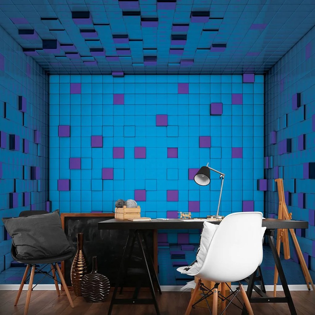 Fototapet - 3D încăpere din cuburi albastre (254x184 cm), în 8 de alte dimensiuni noi