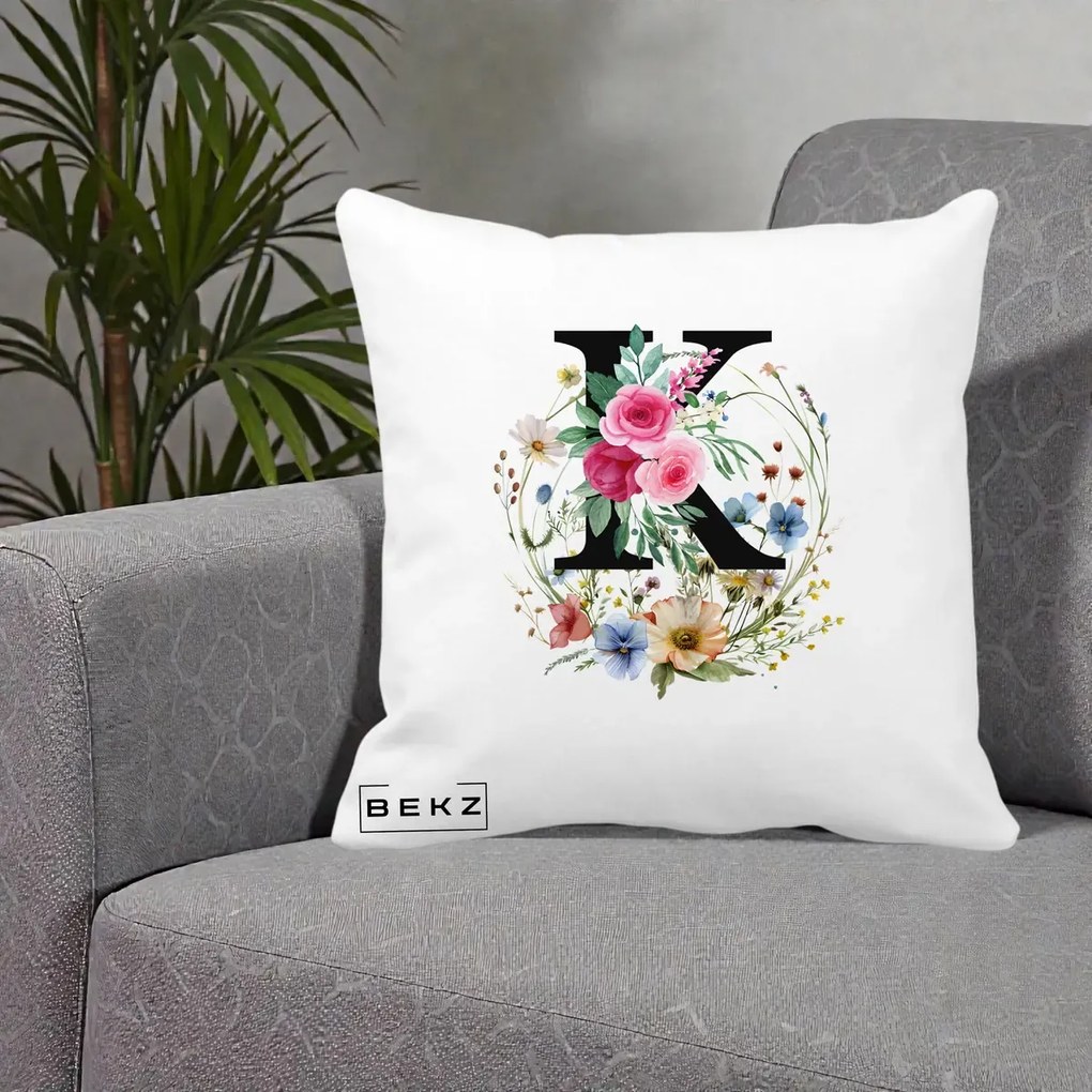 Cadou Personalizat - Perna Personalizata Monogram Litera K cu Flori Acuarela, 40x40 cm, Alba Mata, Husa Detasabila, Perna Inclusa, BEKZ®