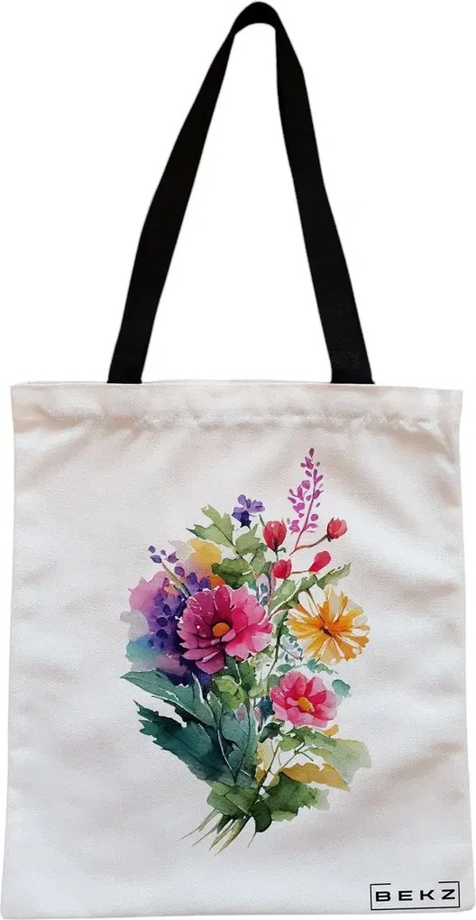 Sacosa de Panza pentru Cumparaturi, Geanta Tote, model The Bouquet, Cu fermoar, 38x34.5 cm, Alba, BEKZ®