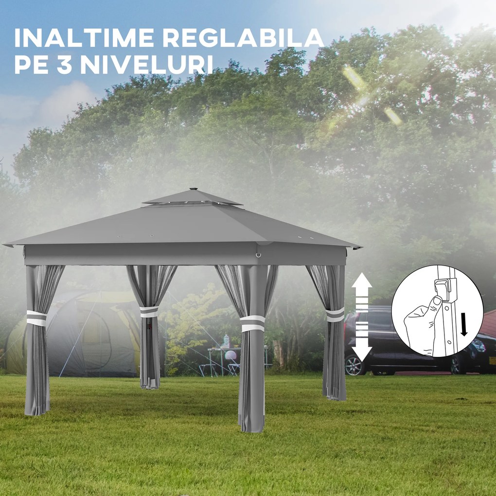 Outsunny Foisor tip pop-up 3 x 3(m),20 lumini LED alimentate de la soare,geanta cu roti, 4 saci de greutate, inaltime reglabila, Gri | Aosom Romania