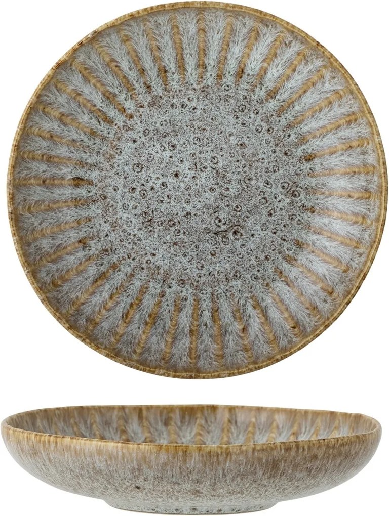 Farfurie adâncă din ceramică artizanală verde perlat cu striații fine și accente rustice 22×5 cm, „Fleur"