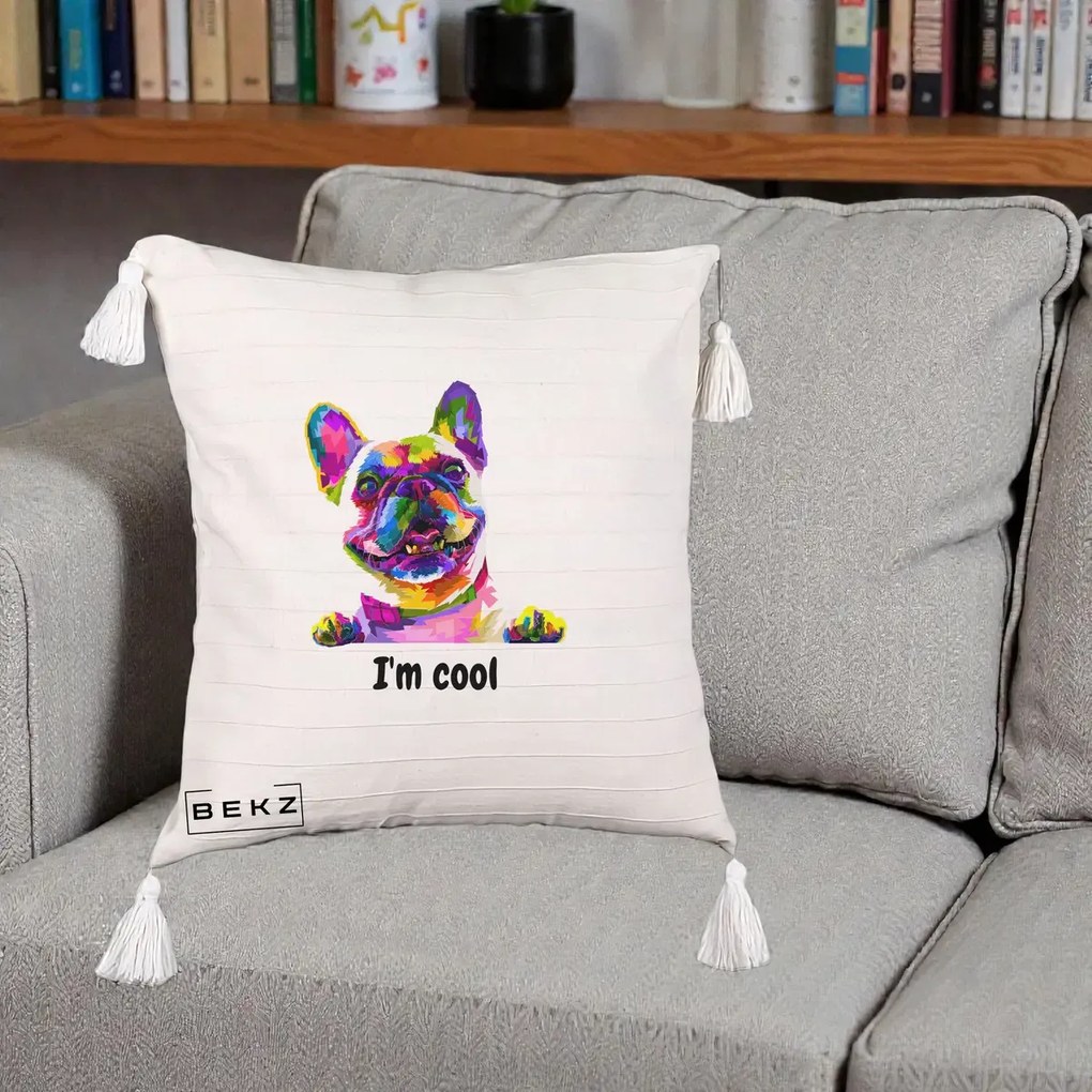 Perna Personalizata Bulldog Francez I'm Cool, 40x40 cm, Bej cu Franjuri, Husa Detasabila, Perna Inclusa, BEKZ®