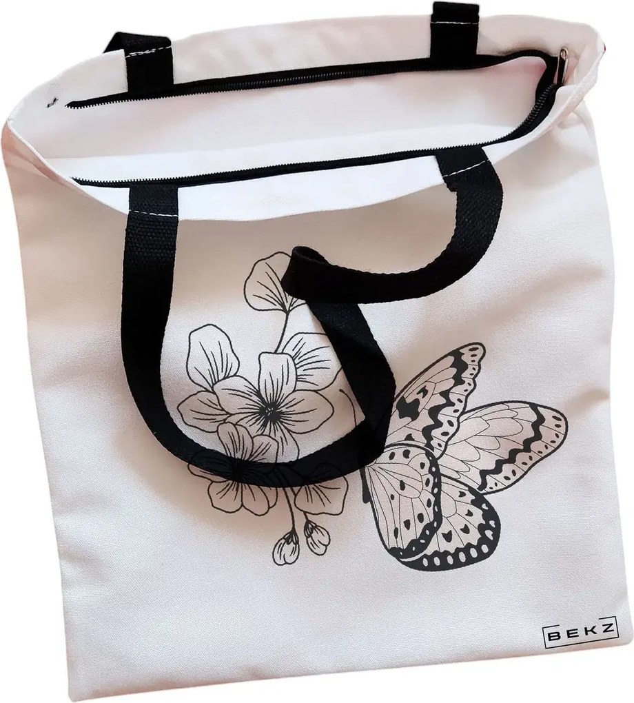 Sacosa de Panza pentru Cumparaturi, Geanta Tote, model Minimalist Butterfly, Cu fermoar, 38x34.5 cm, Alba, BEKZ®