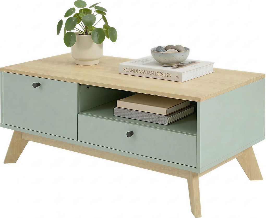 HOMCOM Masă de cafea pentru living, măsuță dreptunghiulară cu sertar, ușă și compartiment deschis, verde deschis și stejar | Aosom Romania
