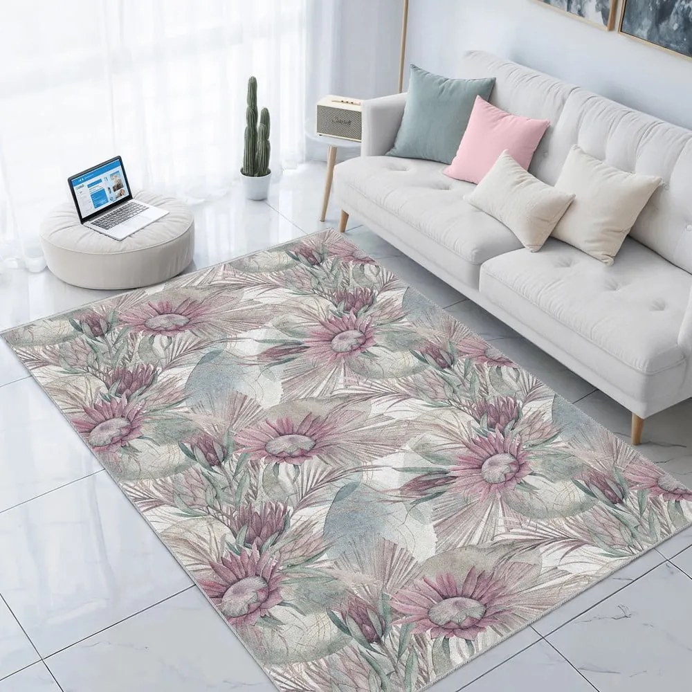 Covor tip traversă mov/gri lavabil 80x200 cm Dusty Flowers – Mila Home