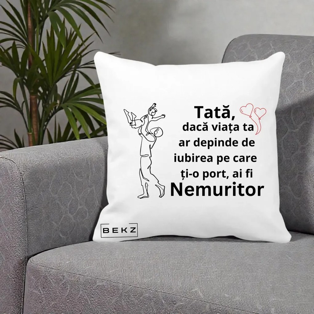 Cadou pentru Tata - Perna Personalizata Tata Nemuritor Joaca in Aer, 40x40 cm, Alba Mata, Husa Detasabila, Perna Inclusa, BEKZ®