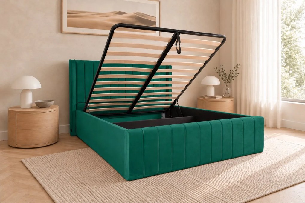 Pat tapițat din catifea Aurelia Simple 140×200 cm, verde, cu ladă de depozitare