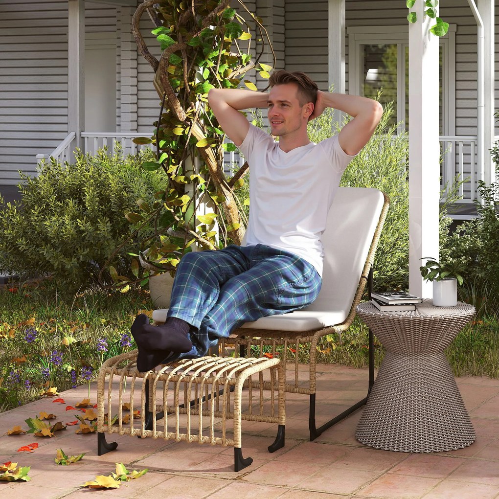 Outsunny Fotoliu de relaxare din ratan cu Fußhocker rezistent la UV, fotoliu de grădină cu perne Bänder 65 x 93 x 80 cm, lemn natural | Aosom Romania