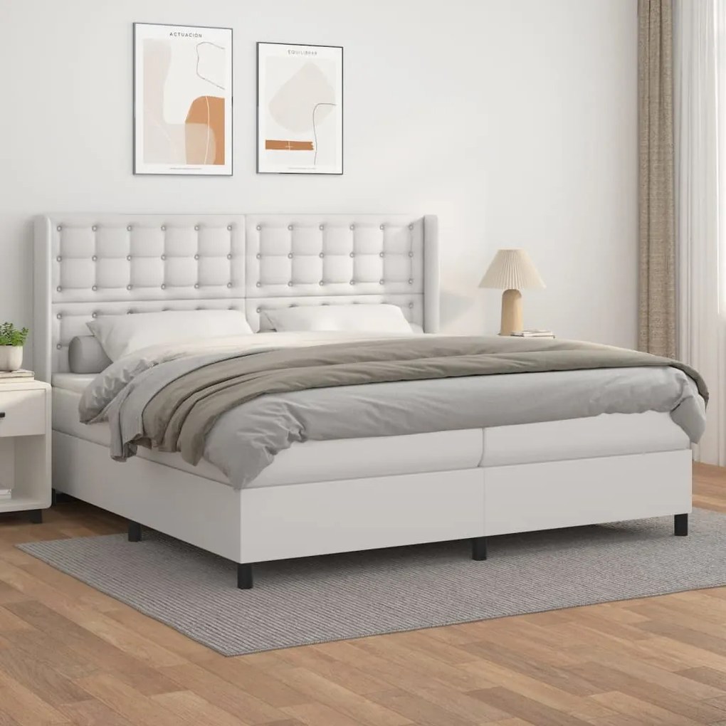 vidaXL Pat box spring cu saltea, alb, 200x200 cm, piele ecologică