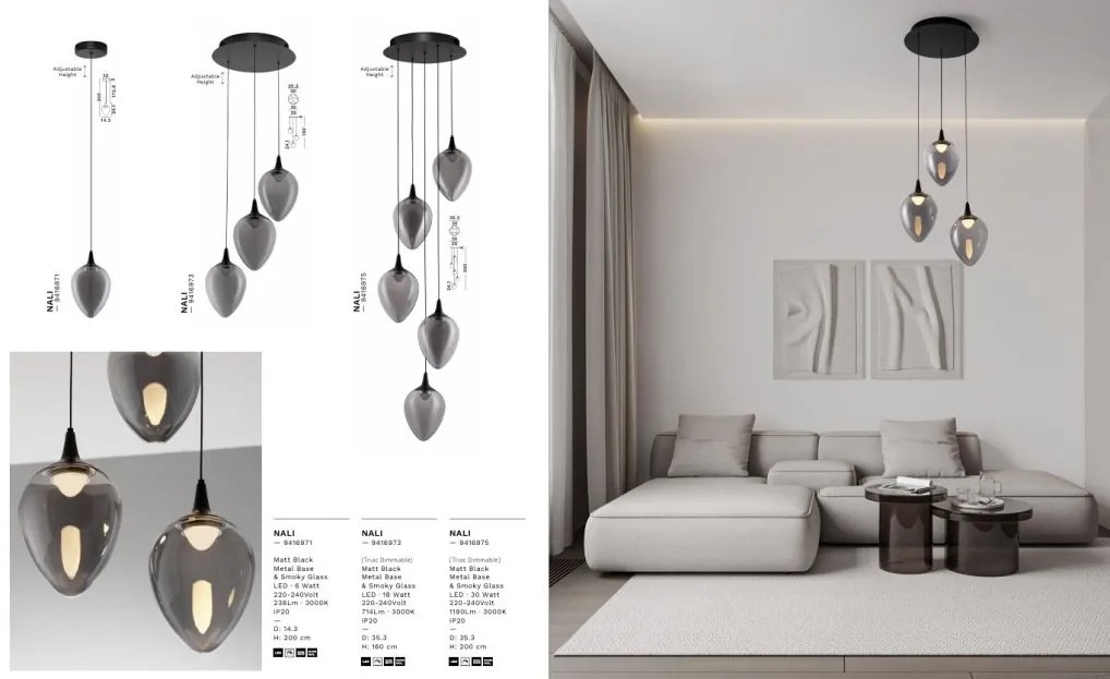 Pendul LED modern, Metal, Sticla, Fumuriu, Nali
