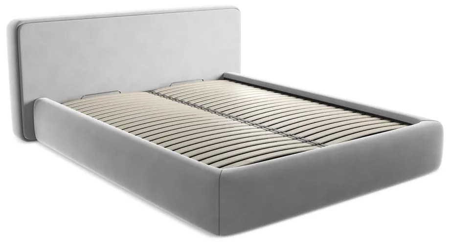 Pat matrimonial gri tapițat cu spațiu de depozitare cu somieră 160x200 cm Kiana – Makamii