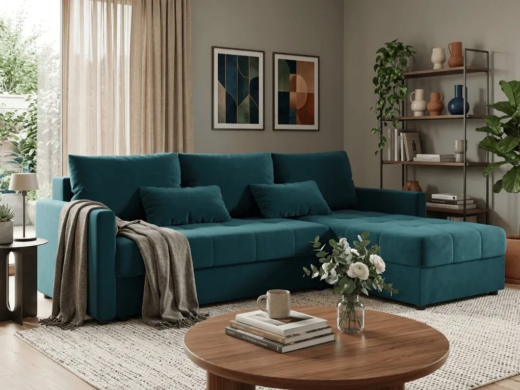 Coltar extensibil de colt VENORIA, petrol, reversibil, 220x143 cm + 2 perne GRATUIT