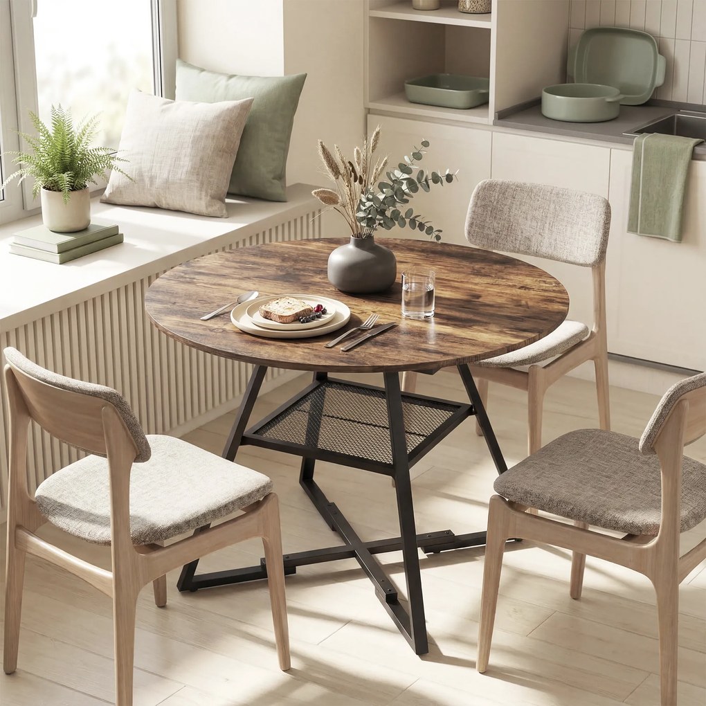 HOMCOM Masă de dining 4 locuri, 100 cm rotundă, bucătărie industrială, poliță de depozitare, maro rustic. | Aosom Romania