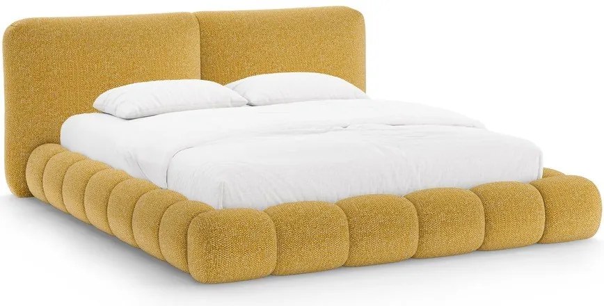 Pat matrimonial galben muștar tapițat cu spațiu de depozitare cu somieră 180x200 cm Solange – Micadoni