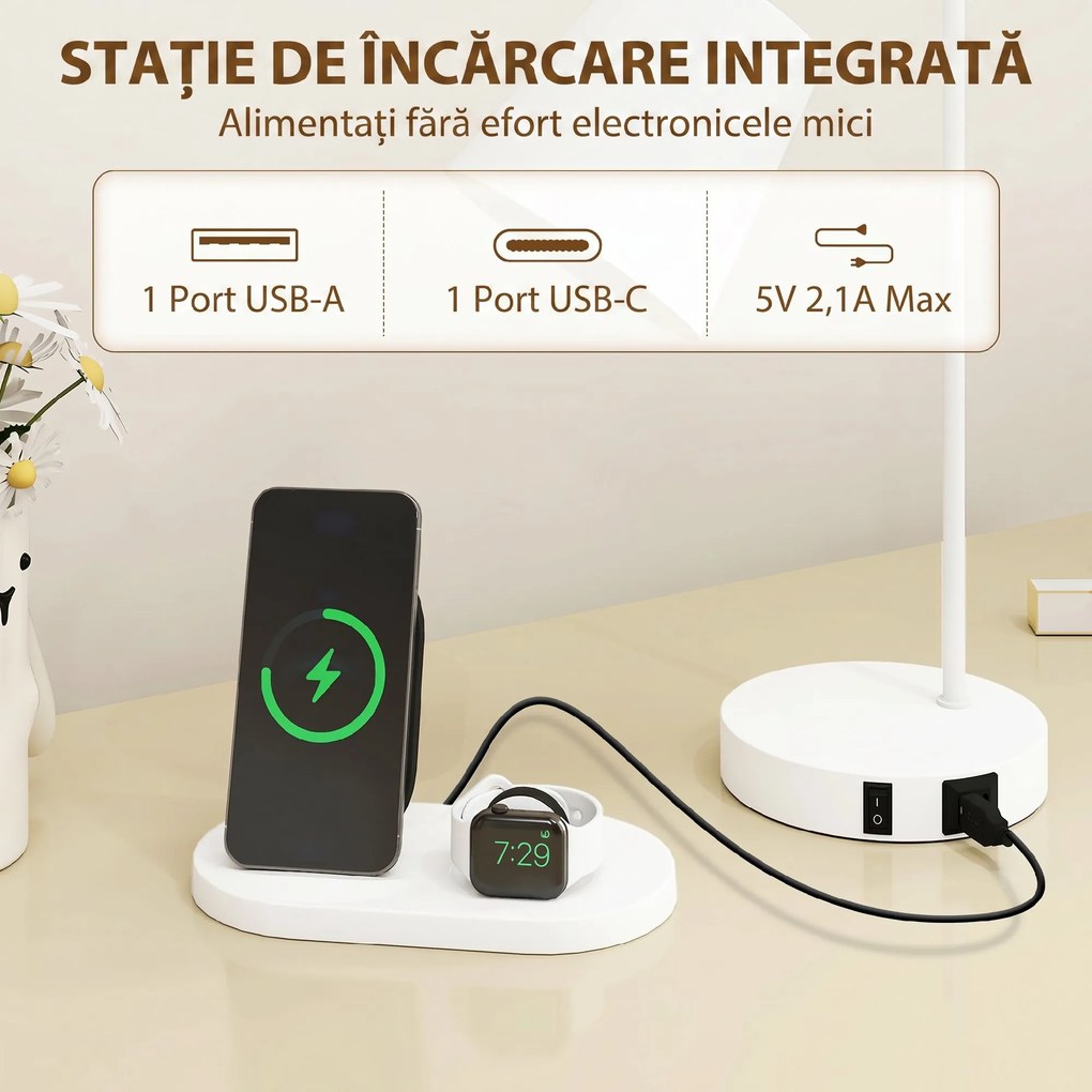 HOMCOM Set de 2 Veioze Moderne din Oțel cu Porturi USB, Soclu E27, Bec Neinclus, Alb | Aosom Romania
