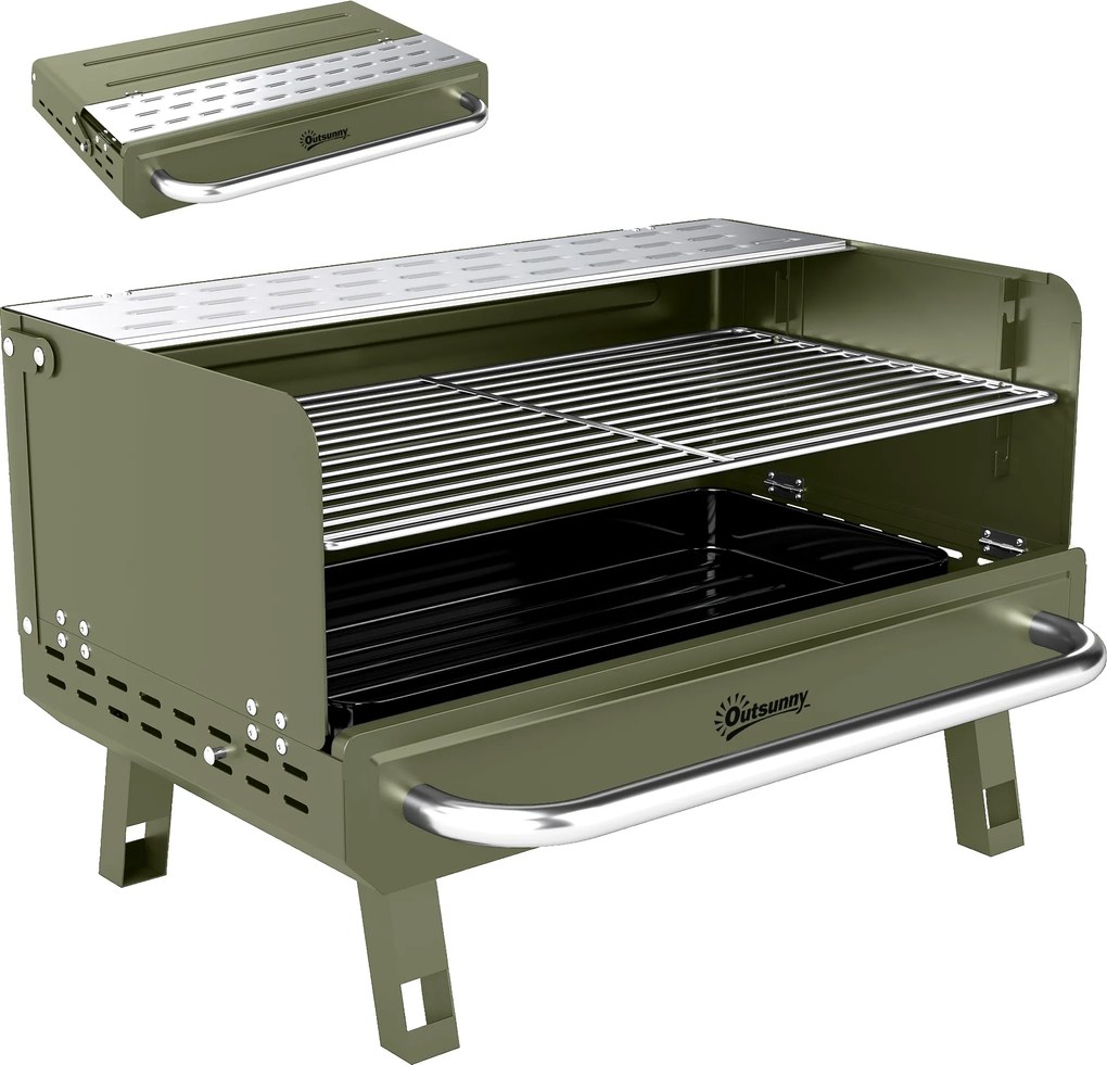 Outsunny Grătar pe Cărbune Pliabil 52x37x31,8 cm cu Grilă Reglabilă Raft Lateral Pliabil și Tavă Detașabilă Verde | Aosom Romania