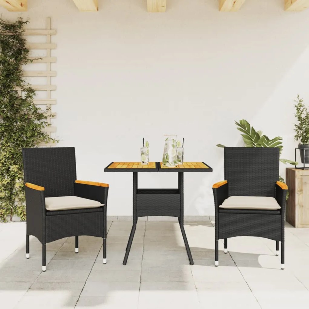 3278697 vidaXL Set mobilier grădină perne 3 piese negru poliratan/lemn acacia