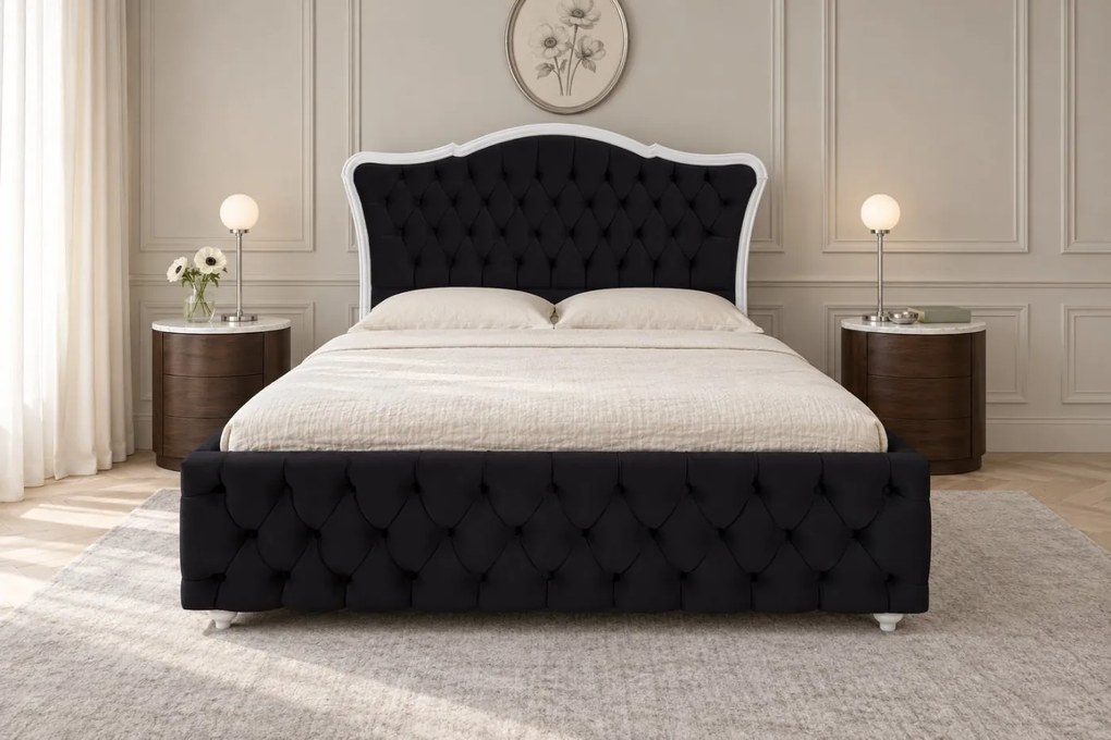 Pat tapițat din catifea Belmonte 140×200 cm, negru, cu ladă de depozitare