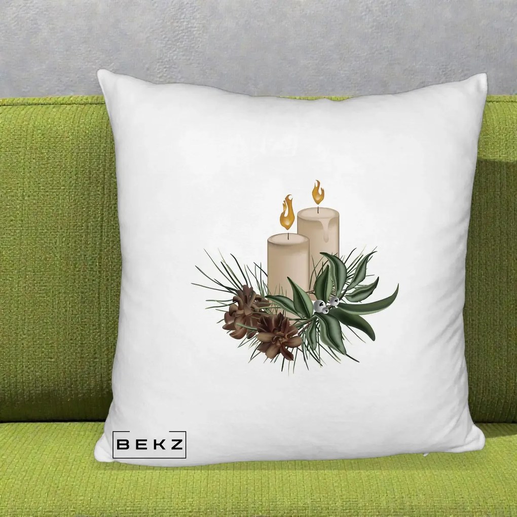 Perna Decorativa Lumanari cu Ilex si Conuri Ilustratie, 40x40 cm, Alb Pufos, Husa Detasabila, Perna Inclusa, BEKZ®