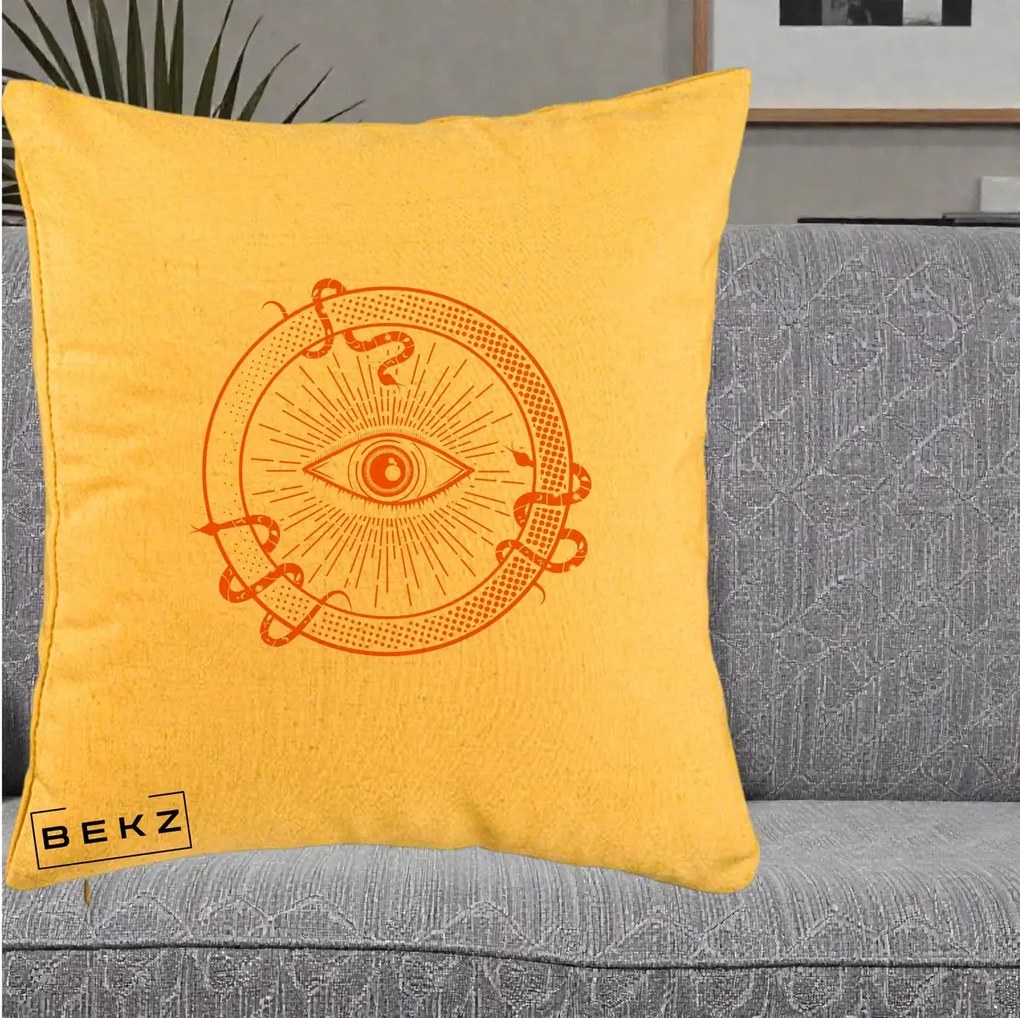 Perna Personalizata Ochiul Providentei Mistic Orange, 40x40 cm, Galben, Husa Detasabila, Perna Inclusa, BEKZ®