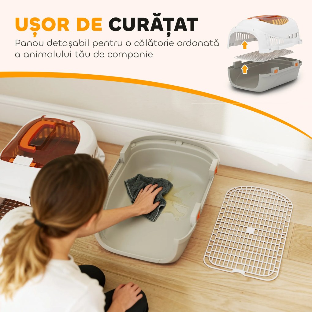 PawHut Transportor pentru Pisici și Câini Mici din Plastic, cu Fereastră Superioară, Ușă din Oțel, Bol pentru Hrană, pentru Animale max 4 kg, 49x32x31 cm, Gri | Aosom Romania