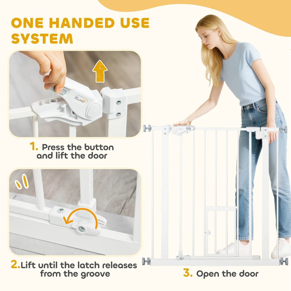 PawHut Poartă Reglabilă pentru Câini cu Ușă și Montare prin Presiune, Barieră cu Închidere Automată, 74-80x76.2 cm, Alb | Aosom Romania
