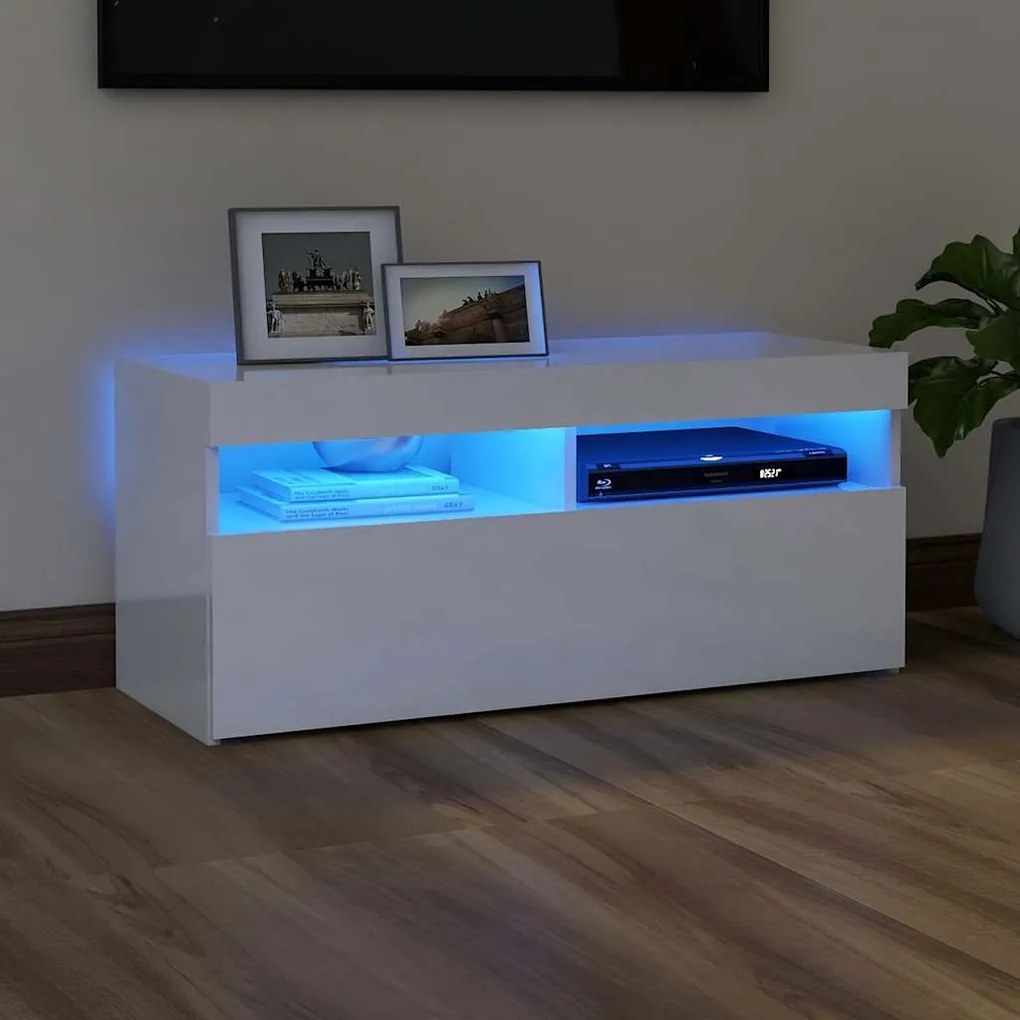 vidaXL Comodă TV cu lumini LED, alb extralucios, 90x35x40 cm