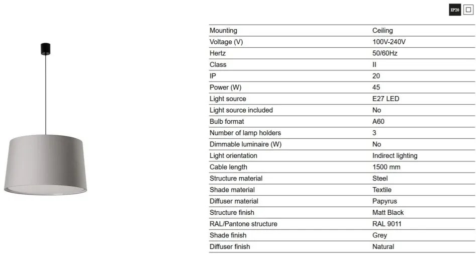 Lustra suspendata XL abajur textil 64cm WINDSOR negru, gri