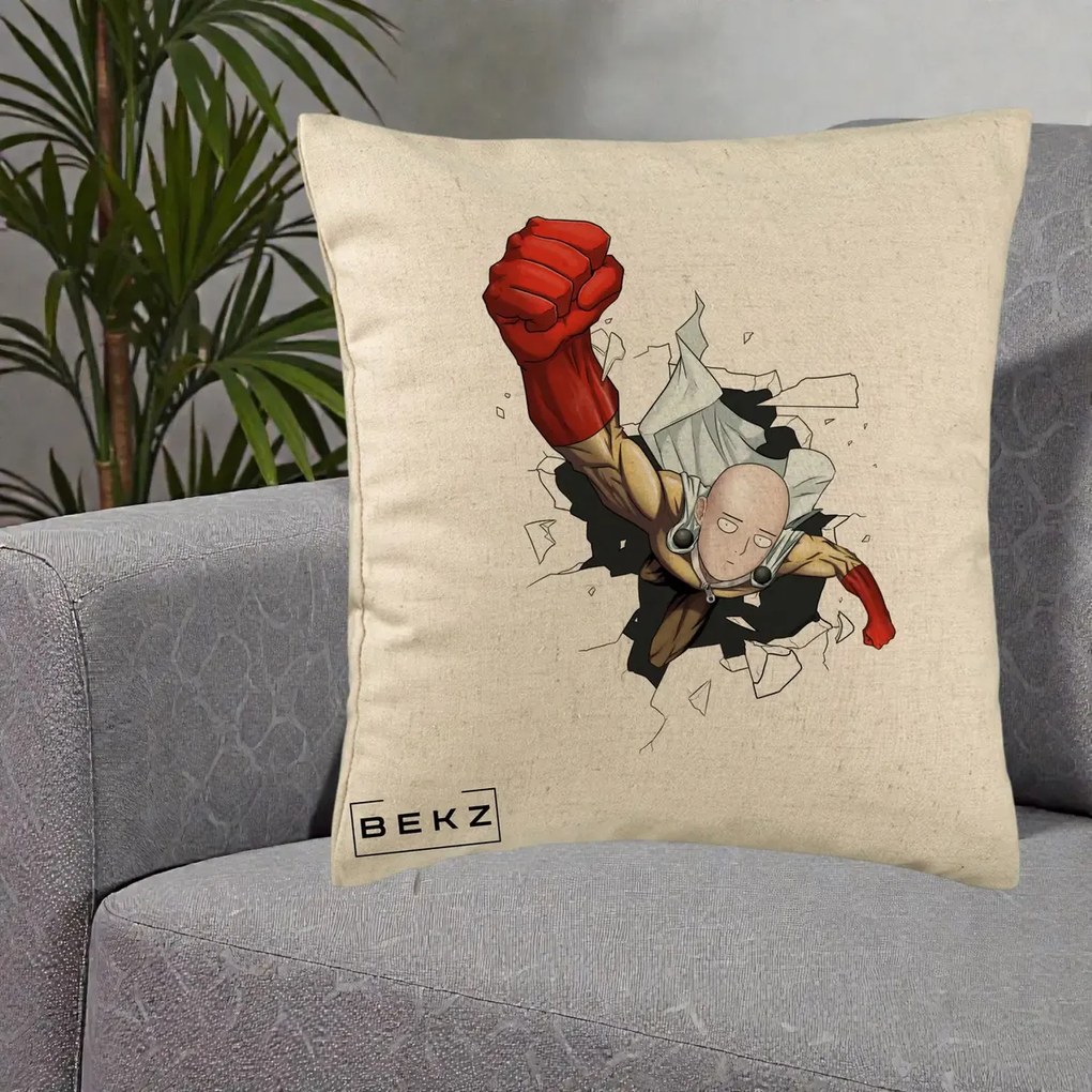Perna Personalizata One Punch Man Saitama Pumn, 40x40 cm, Bej, Husa Detasabila, Perna Inclusa, BEKZ®