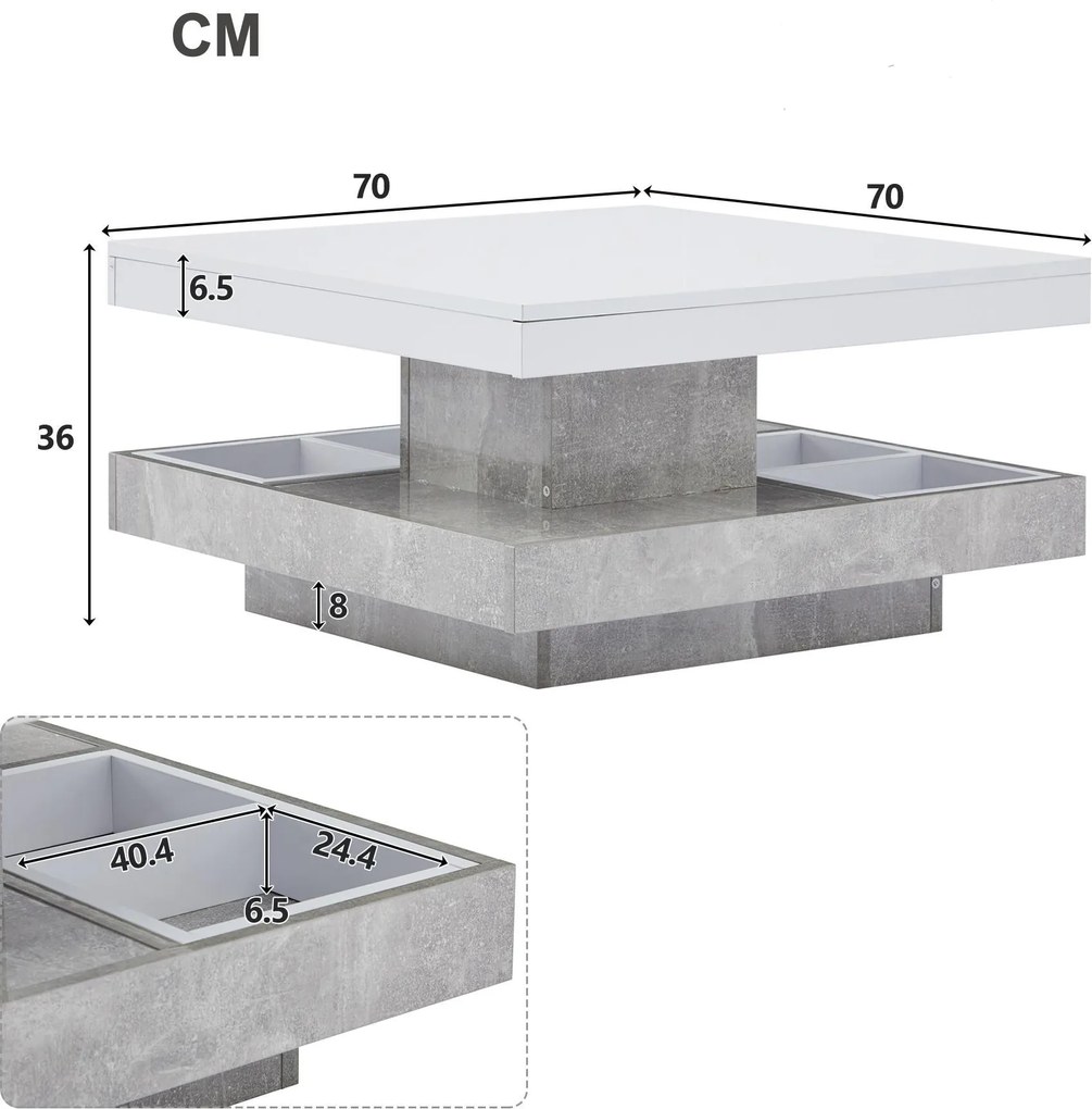 Măsuță de cafea lucioasă, rotativă la 360°, cu blat pe 2 niveluri și compartiment de depozitare, 70x70x36 cm, Alb