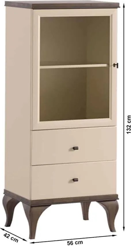 Vitrină lemn masiv nuc Leona Crem-, 56 × 42 × 132 cm