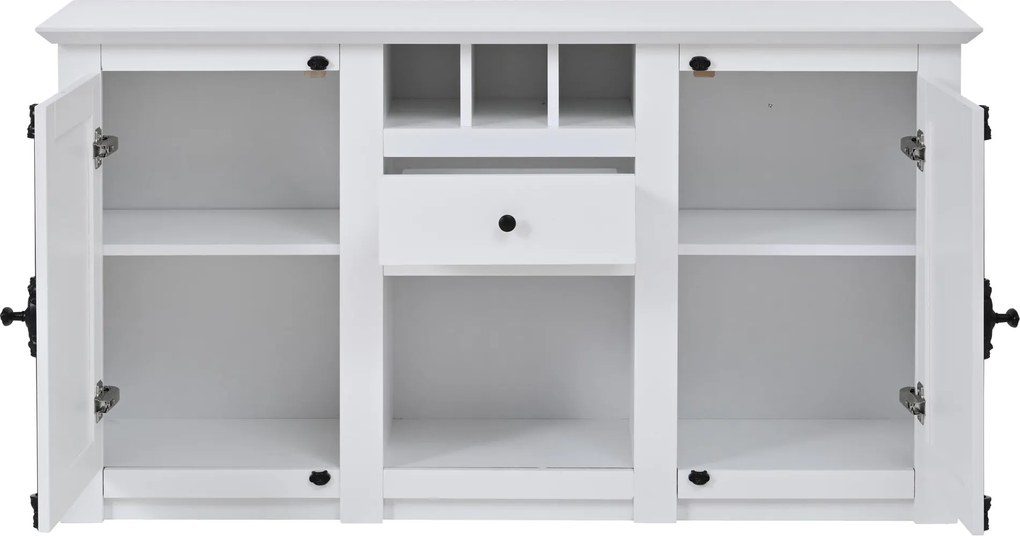 Bufet modern cu 2 uși, 1 sertar, spațiu semideschis de depozitare și 3 rafturi pentru vin, 130x35x70 cm, Alb