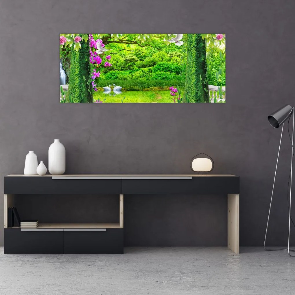 Tablou - Grădina magică cu lebede (120x50 cm)