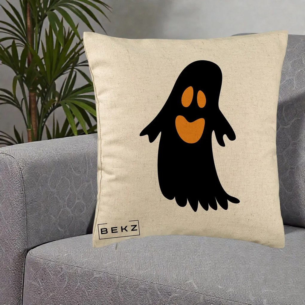 Perna Decorativa Halloween Fantoma Neagra cu Ochi Portocalii, 40x40 cm, Bej, Husa Detasabila, Perna Inclusa, BEKZ®