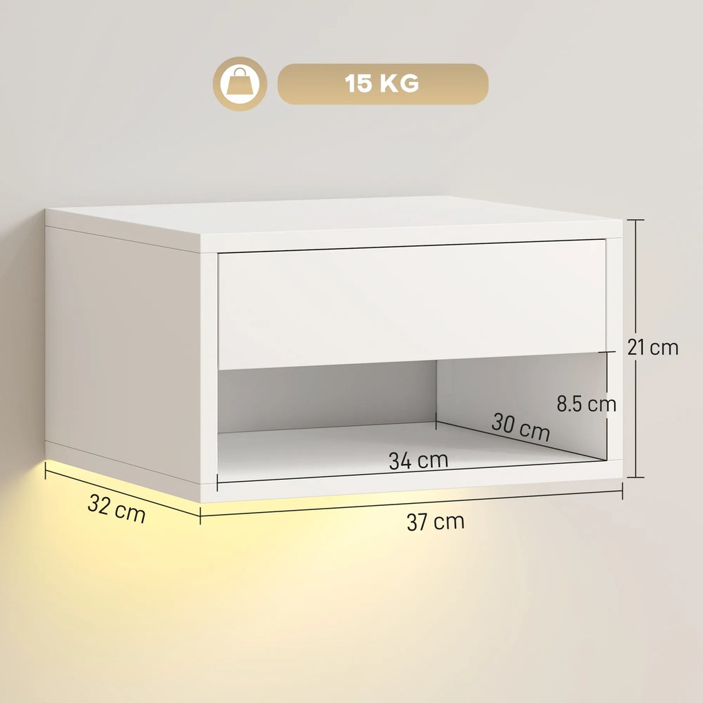 HOMCOM Set 2 Noptiere Suspendate cu LED RGB Integrat și Reglabil prin Aplicație, Sertar și Raft, 37x32x21 cm, Alb | Aosom Romania