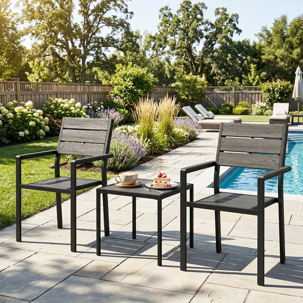 Outsunny Set bistro de grădină 3 piese masă bistro cu 2 scaune, design lamele, aspect lemn, blat HDPE rezistent la rugină | Aosom Romania