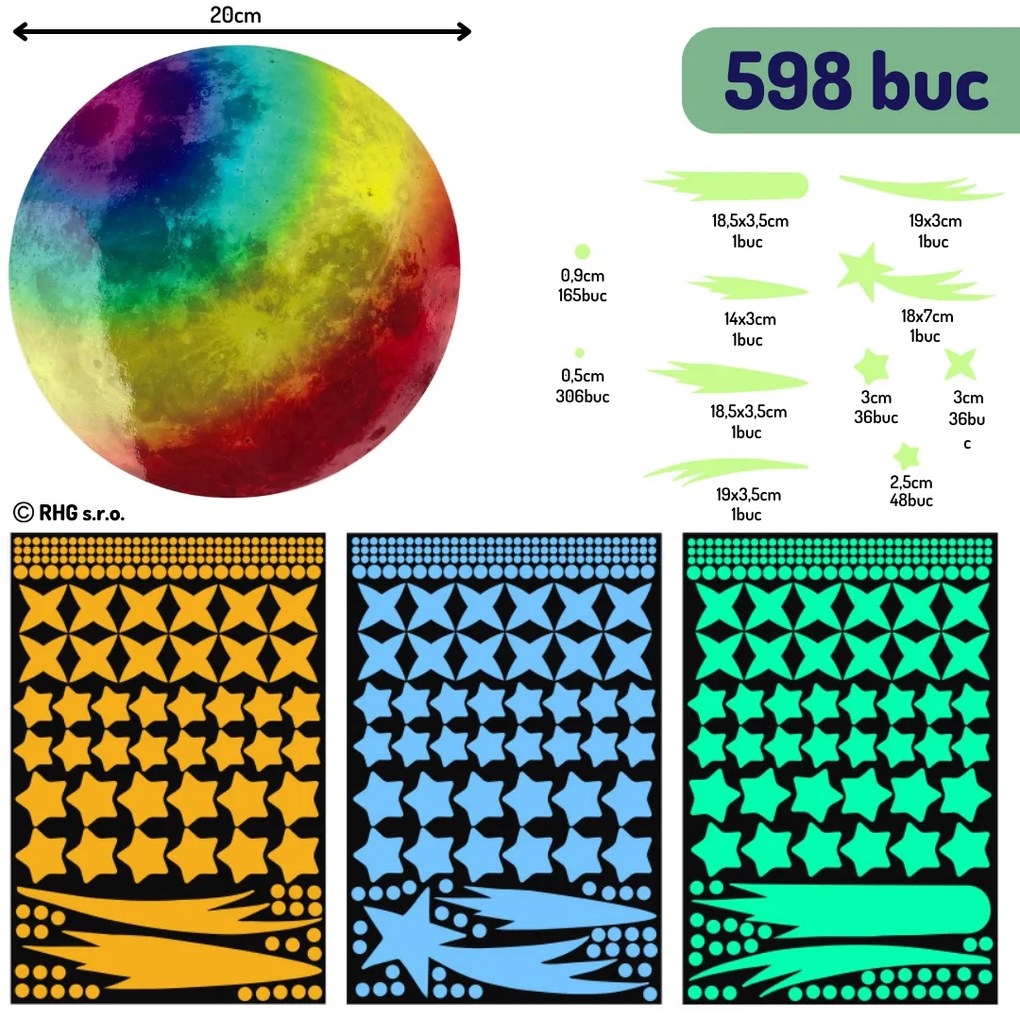 Autocolant de perete „Lună color fosfor cu stele” 598 buc